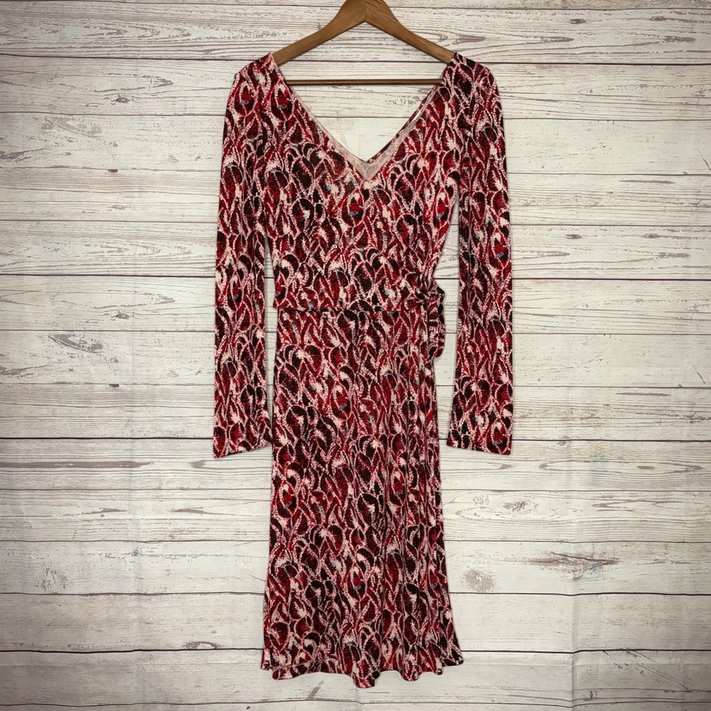 Diane von Furstenberg Red Black Silk Jersey Long Sleeve Wrap Dress Size 4